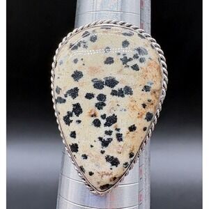 Silver Plated Dalmatian Jasper Ring Teardrop Roped Bezel Chunky Goddess Sz 10.75